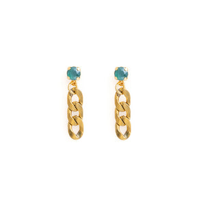 gold and green swarovski crystal and chain dangling earrings
